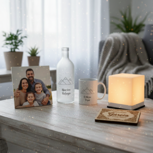 Productos de decoración personalizada para el hogar de Kregalar: placa con foto familiar, botella y taza personalizadas, lámpara de diseño y detalle en madera grabado a láser