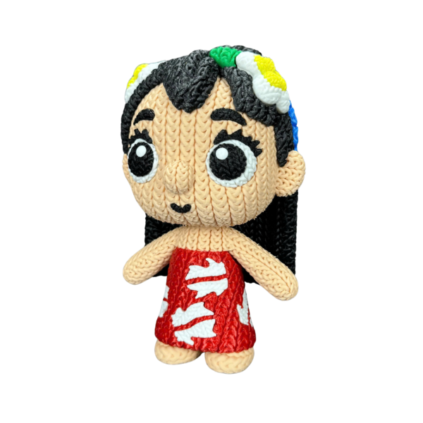 detalle-textura-ganchillo-figura-lilo-3d Primer plano de la textura estilo amigurumi de la figura de Lilo.