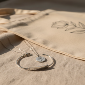 Joyas y complementos personalizados de Kregalar: pulsera metálica grabada a láser, colgante delicado y bolsa de tela personalizada sobre una superficie elegante.