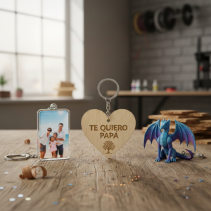 Muestra de llaveros personalizados de Kregalar: llavero con foto, llavero de madera grabado a láser y figura de dragón en impresión 3D.