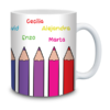 Taza personalizada para profesores con nombres de alumnos, diseño escolar con dibujos de lápices y manzana en cerámica brillante.