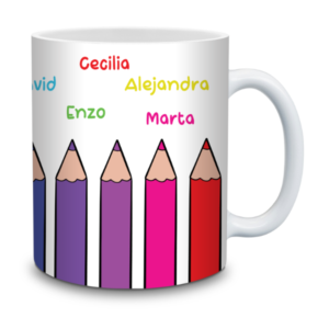 Taza personalizada para profesores con nombres de alumnos, diseño escolar con dibujos de lápices y manzana en cerámica brillante.