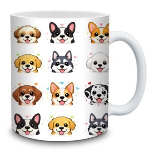 Taza de cerámica blanca con ilustraciones de peeros de colores personalizada con el nombre del perro.