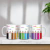 Taza personalizada para profesores con nombres de alumnos, diseño escolar con dibujos de lápices y manzana en cerámica blanca brillante.
